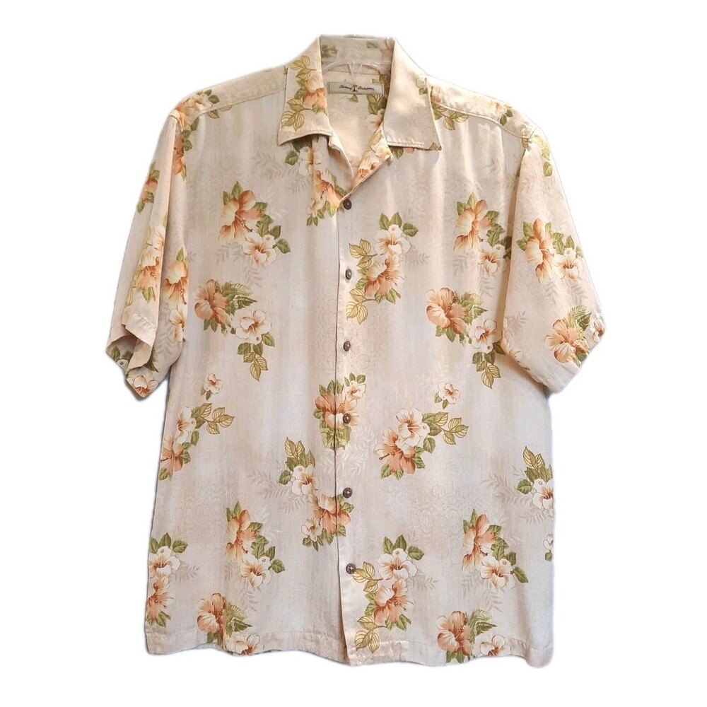 Tommy Bahama Vintage Silk Hawaiian Shirt Tropical Floral Hibiscus Cream Camp L
